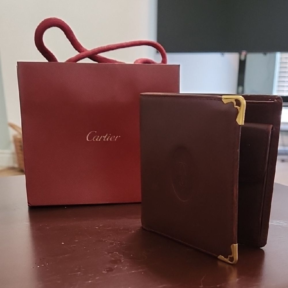 Cartier Dark Brown Leather Wallet with Gold Corners